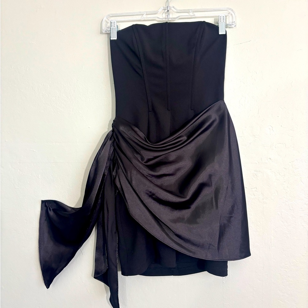 Black satin wrap strapless cocktail dress 6